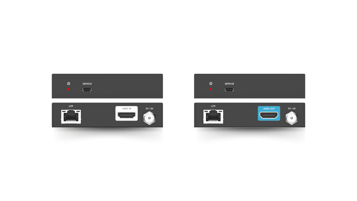 Two black boxes with ports: HDMI, UTP, Service, DC 12V