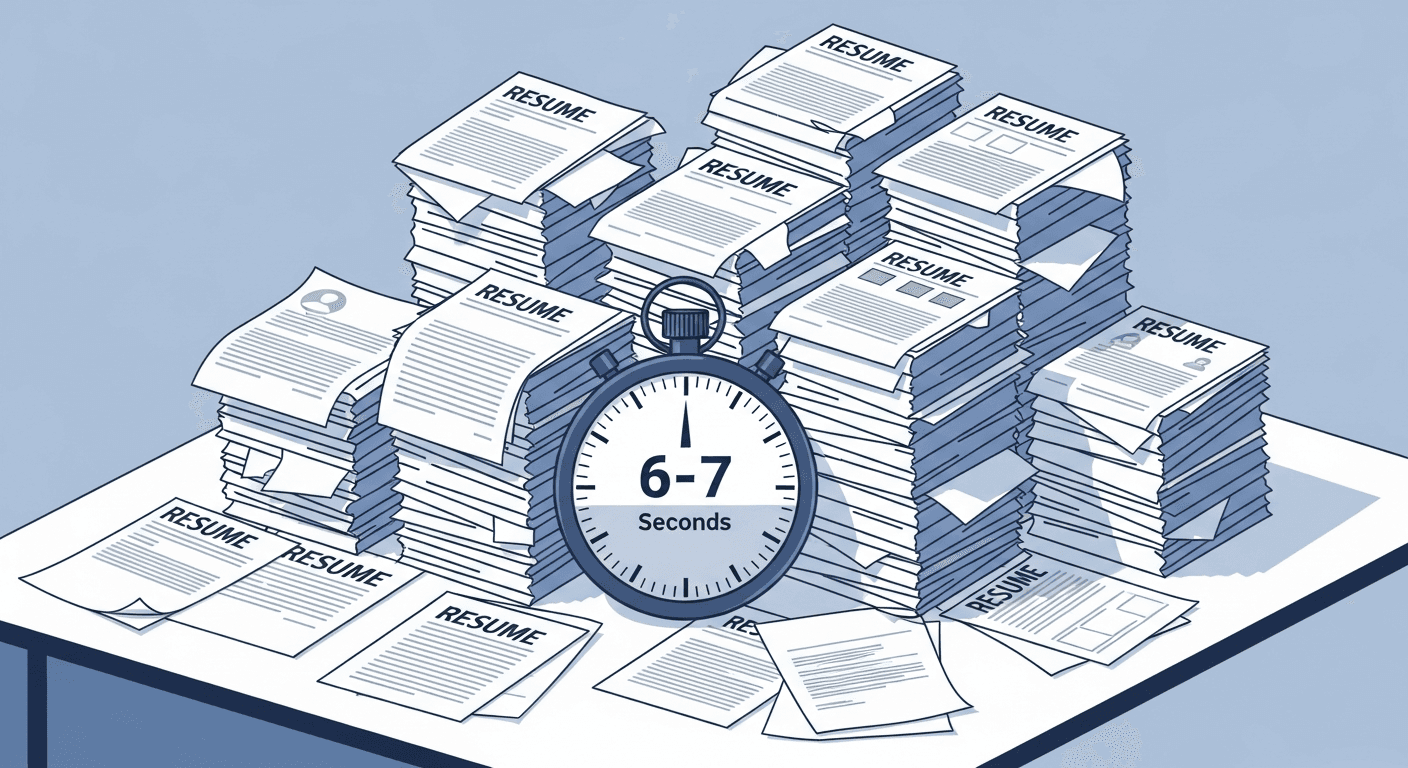 A modern illustration showing a massive stack of resume documents piled high on a desk with a stopwatch or timer showing 6-7 seconds, representing the brief time recruiters spend reviewing each application, clean corporate style, blue and gray color scheme, professional business aesthetic, overhead view of organized chaos with hundreds of papers, minimalist design