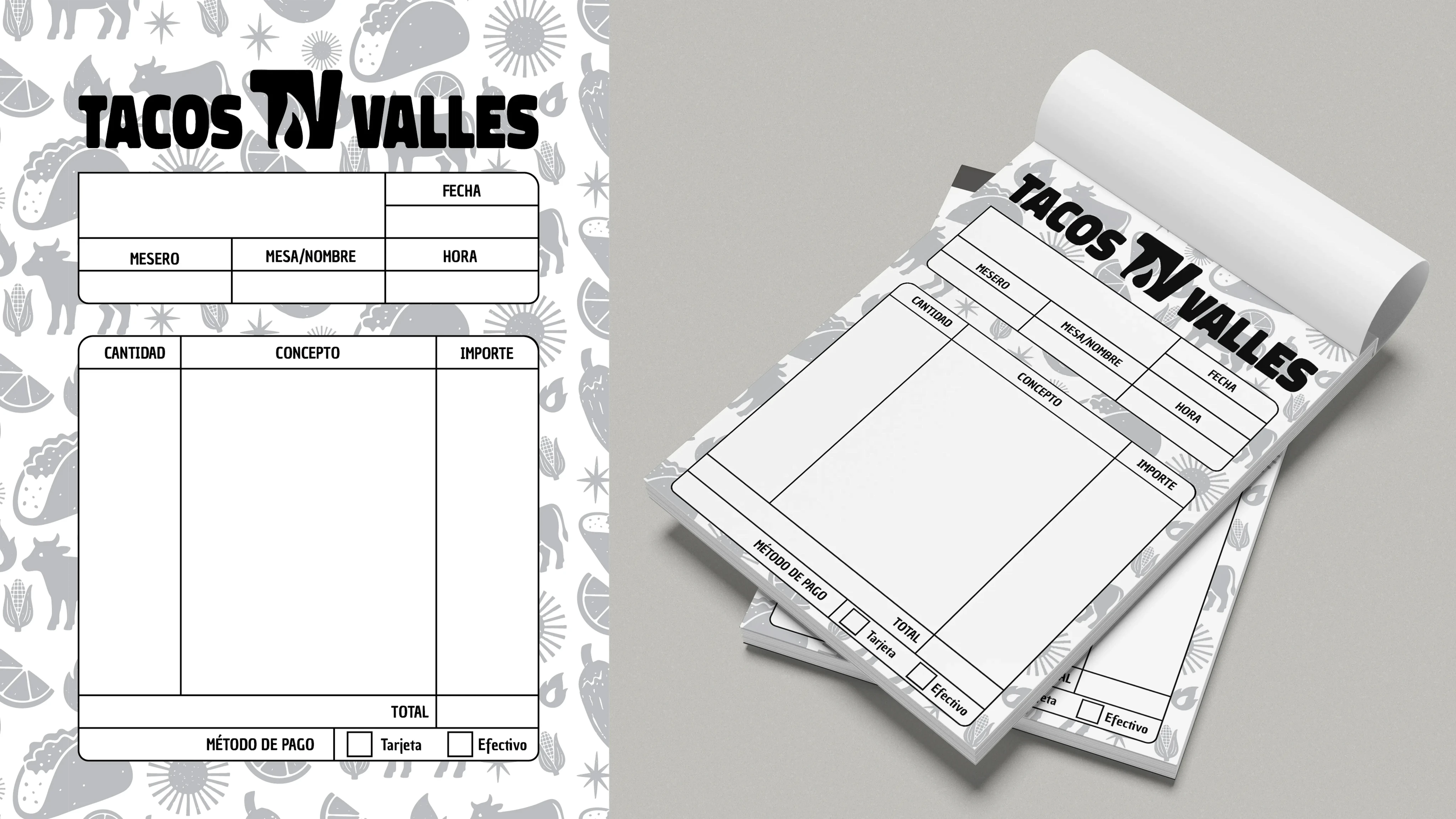 Mock-up de talonario de comandas personalizado Tacos Valles.