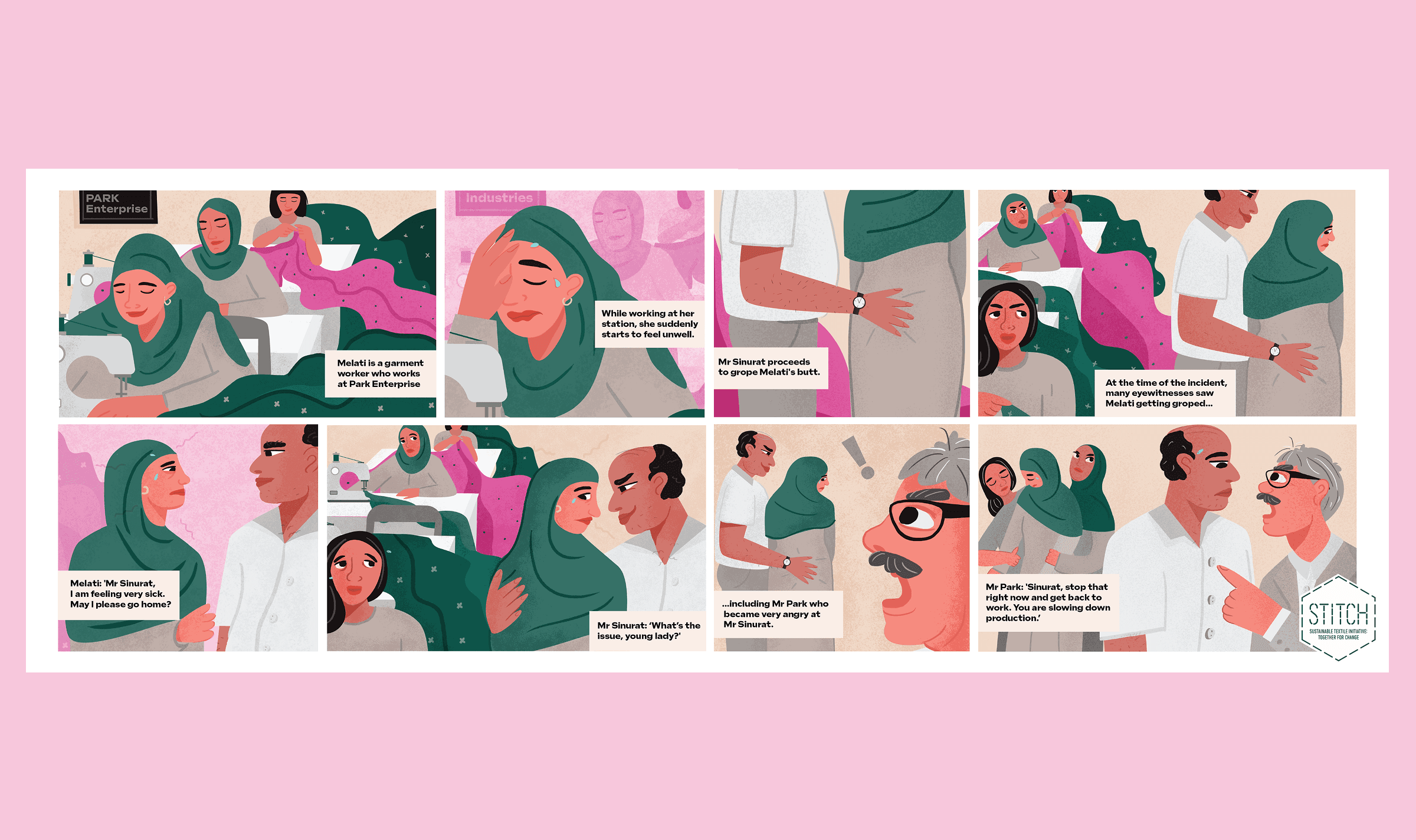 A graphic strip created for STITCH, highlighting garment workers’ lived experiences and advocating for systemic change within the industry.