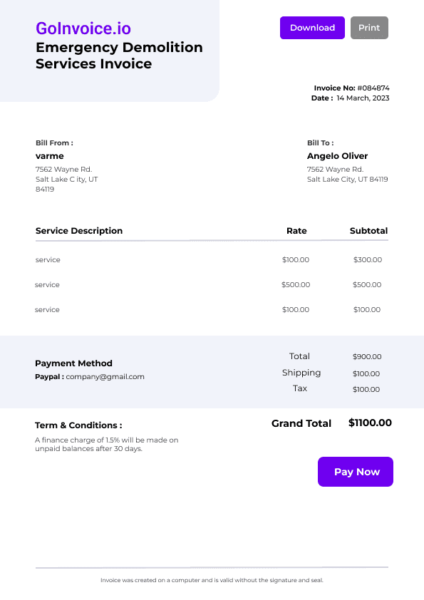 Emergency Demolition Services Invoice