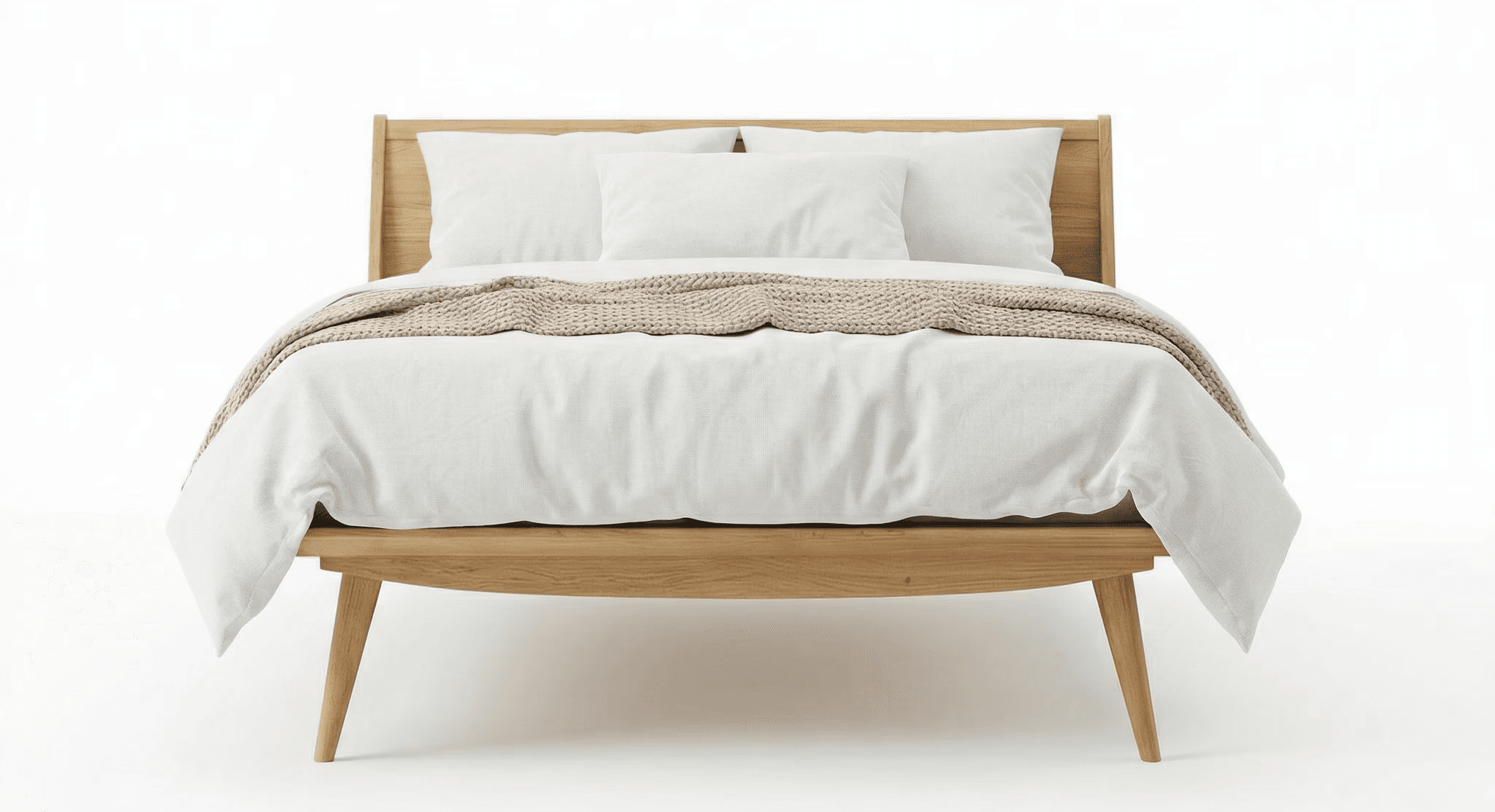 Wood‑framed bed with angled legs, slim profile, and visible joinery details