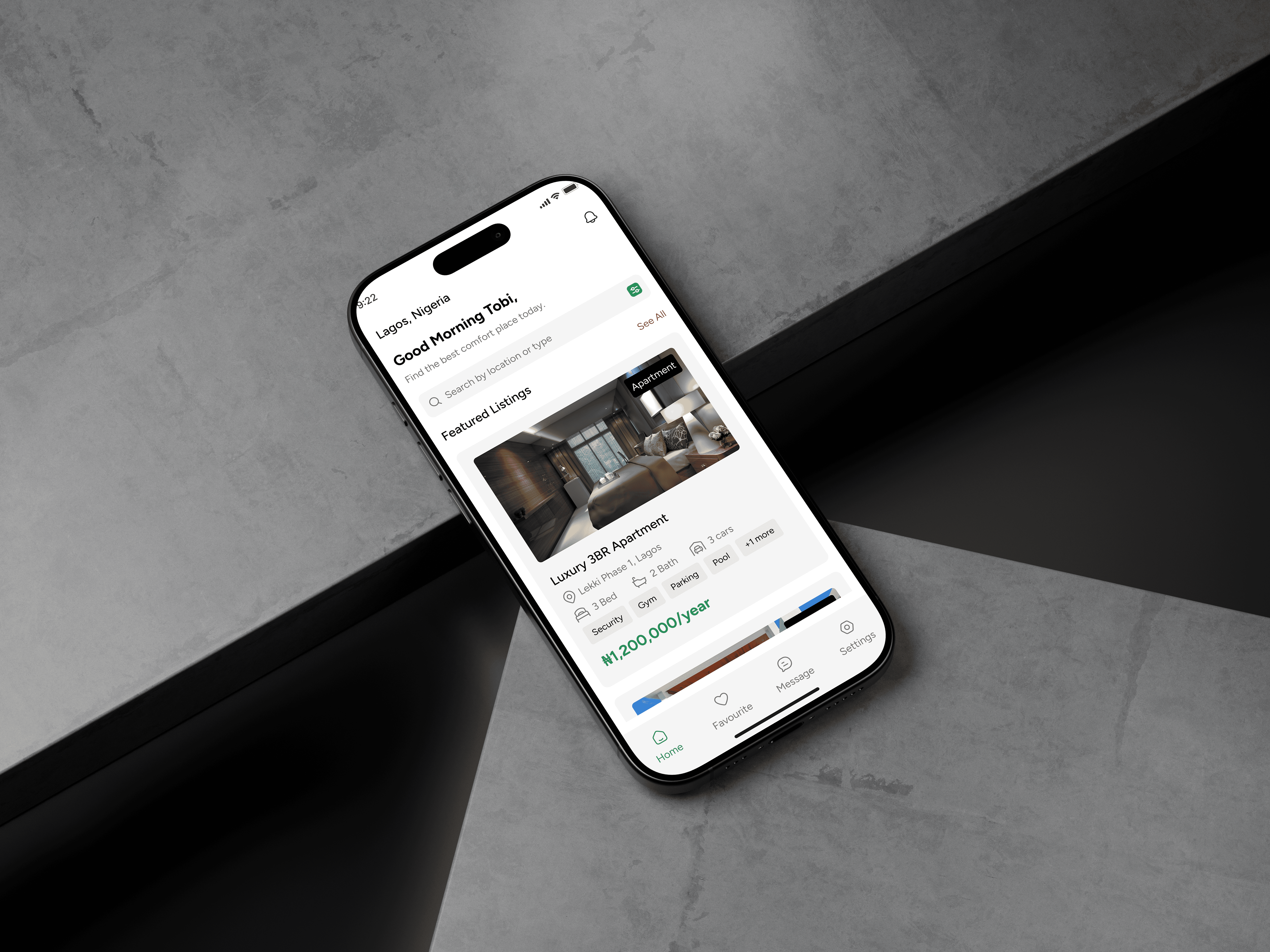 Mobile app interface for booking apartements and houses for rent