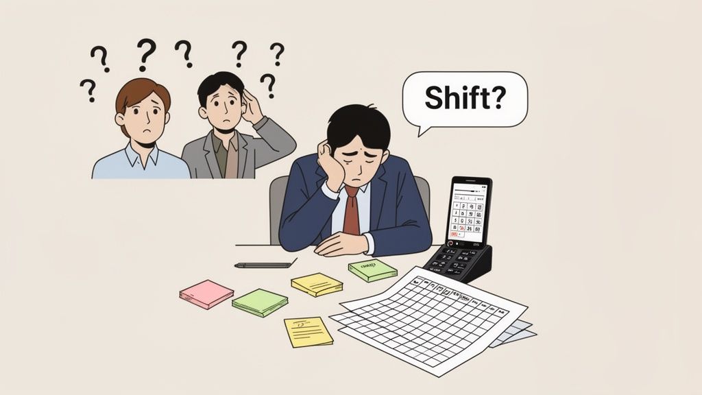 Confused employees ponder shifts with a scheduling app and a grid schedule on a desk.