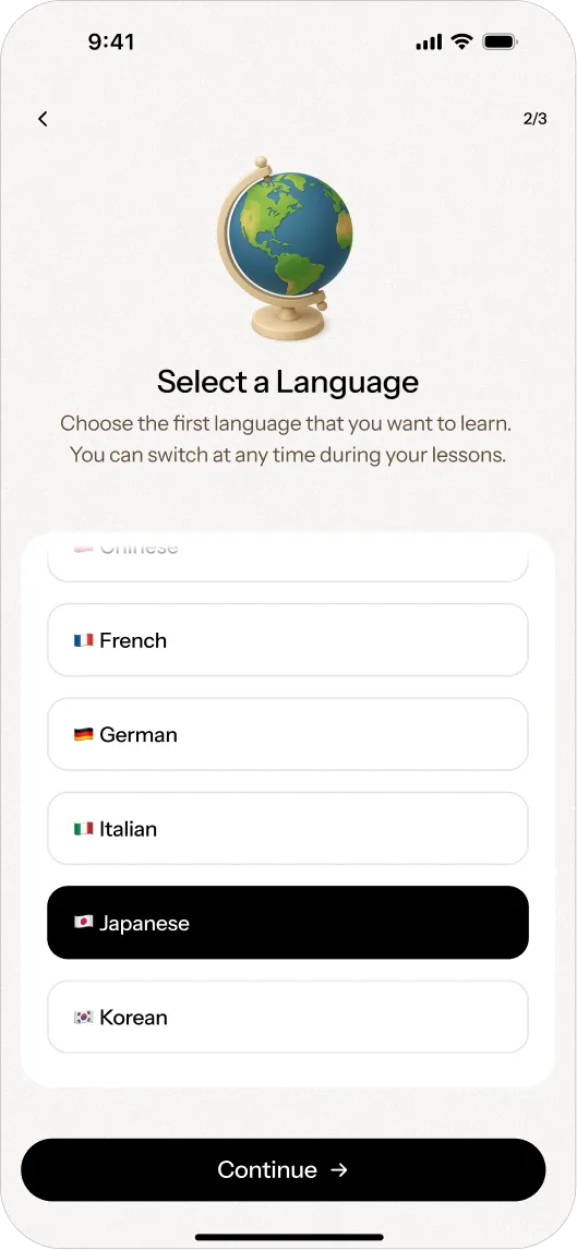 Mobile UI design presenting the onboarding flow of an AI language learning app with language selection