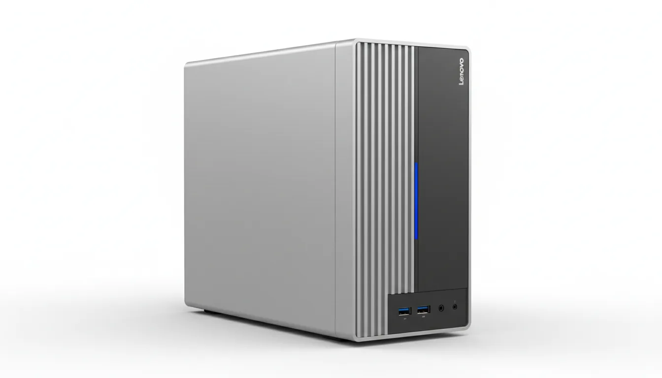 Product photography of a modern Lenovo small form factor desktop computer tower, three-quarters view. Soft studio lighting on a seamless, pure white background. The PC case is two-toned, with a matte silver aluminum body and a dark gray front accent panel. The front silver section features a prominent vertical fluted texture. The entire object is in crisp, sharp focus, highlighting the clean lines and metallic finish.