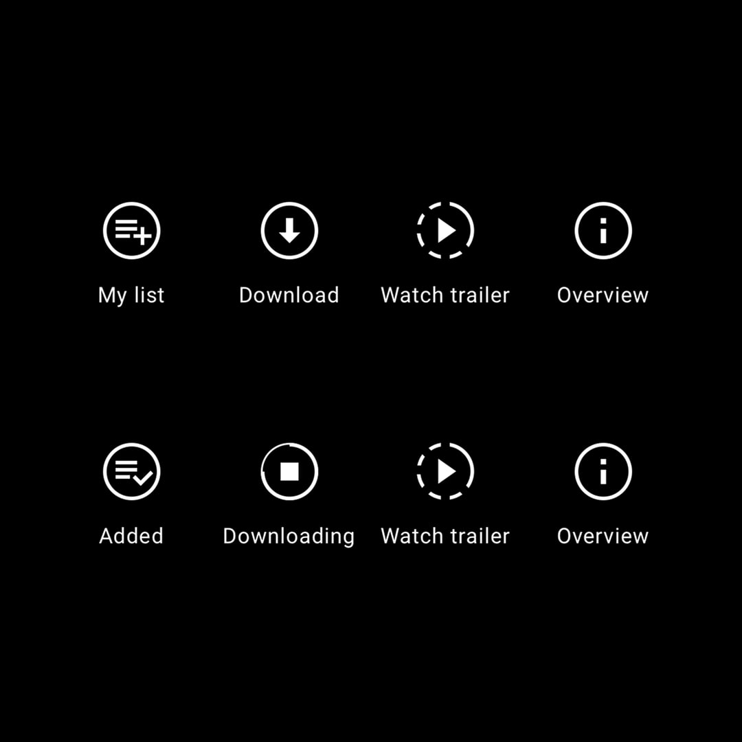 Icon set showing two states for four film detail actions: my list, download, watch trailer, and overview, with default and active variants displayed on a black background.