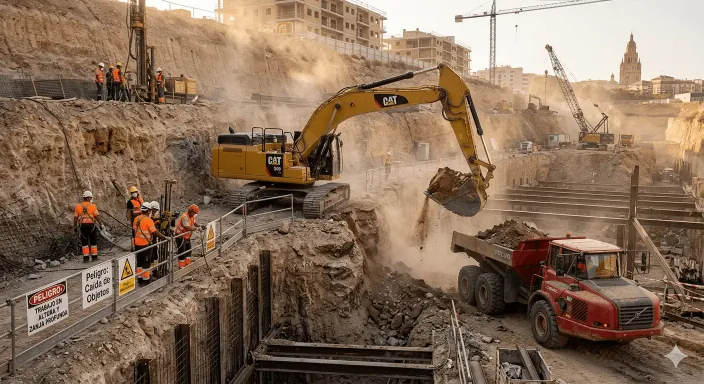 Maquinaria de obra pesada operando que requiere una póliza específica de responsabilidad civil de circulación.