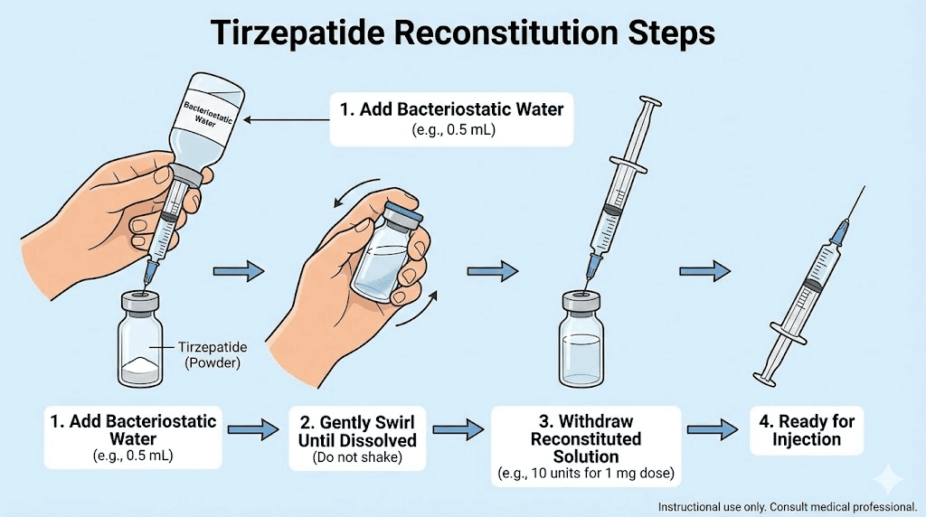 How to reconstitute tirzepatide 10 mg vial with bacteriostatic water step by step