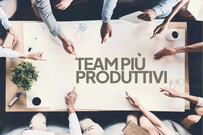Immagine del blog SelfCommunity che mostra un team eterogeneo che collabora su un documento strategico con la scritta "MORE PRODUCTIVE TEAMS" (team più produttivi), ponendo l'accento sulla gestione della community, la comunicazione interna e la collaborazione organizzativa.