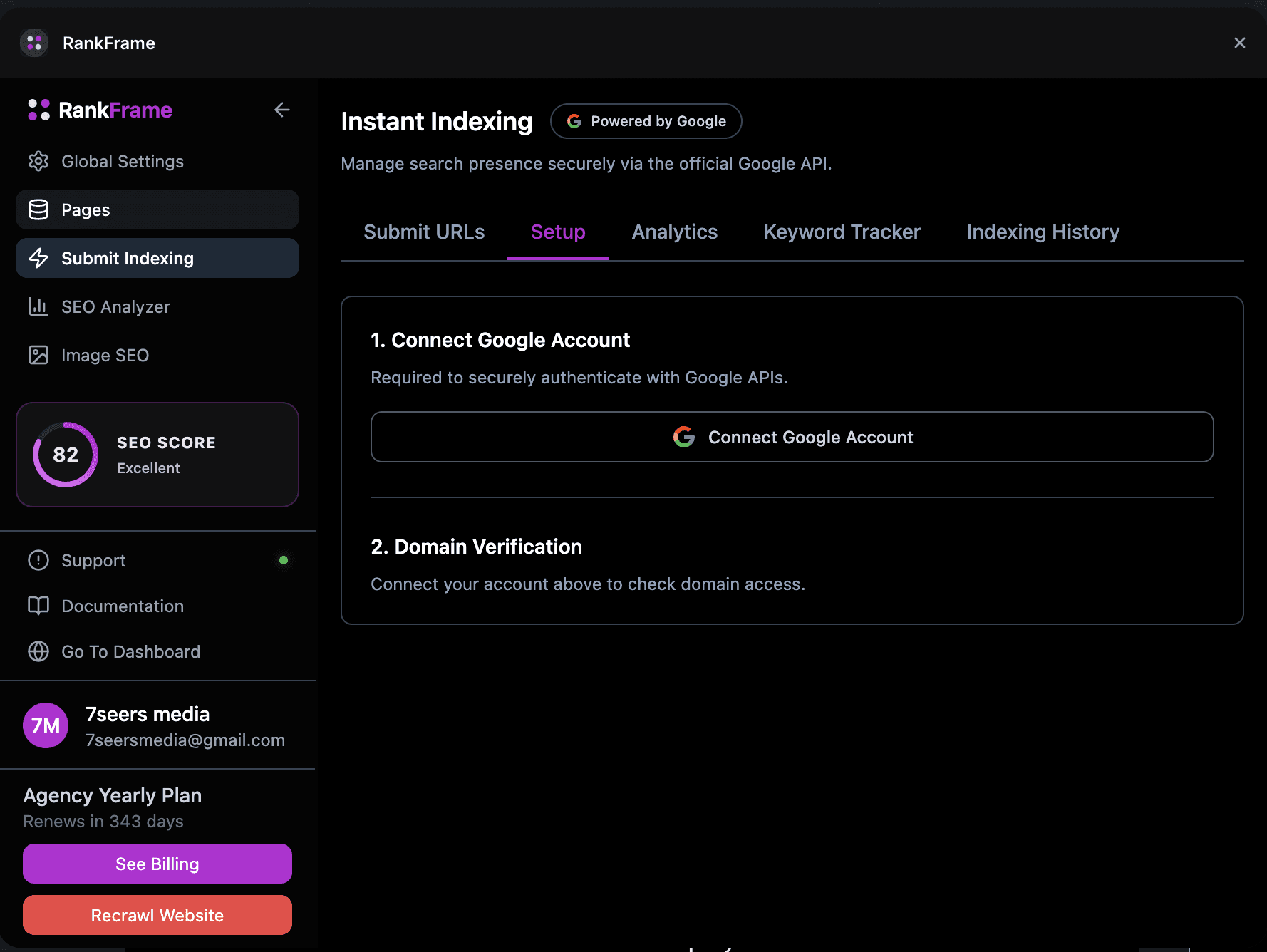 Google account connected to RankFrame