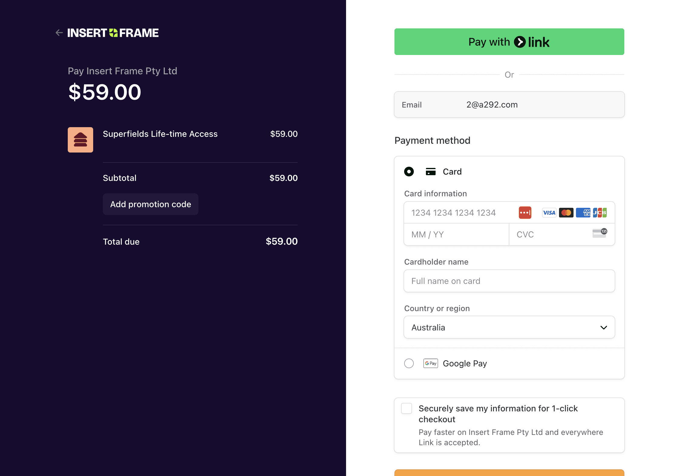 Stripe checkout UI built using Thenty plugin in Framer