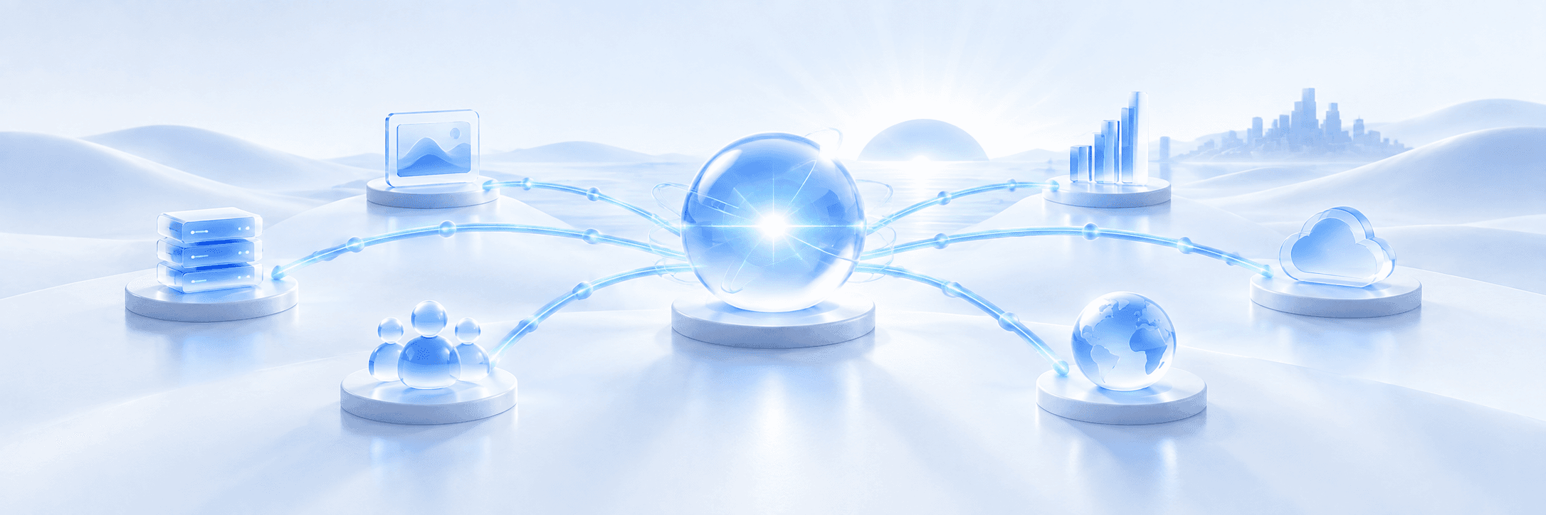 A radiant blue sphere connects products, people, growth and global opportunity.