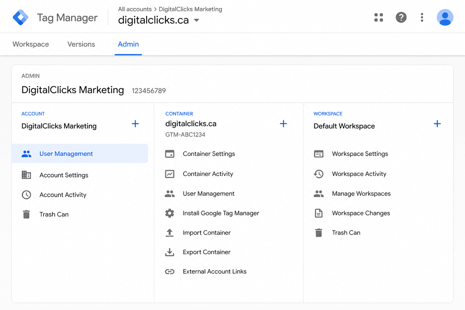 Google Tag Manager Admin screen showing Account User Management in the left column.