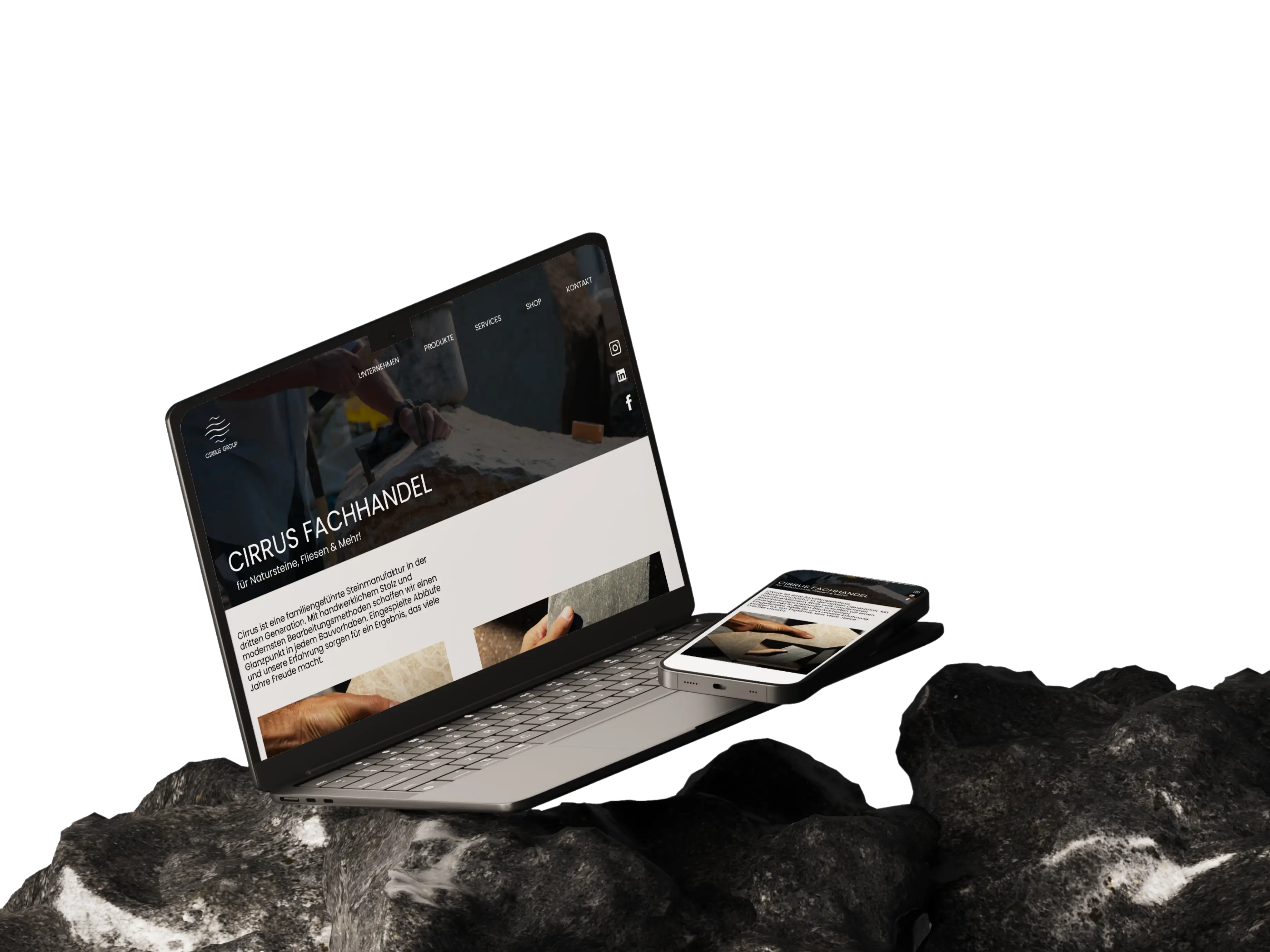 Laptop auf Gestein. Im Screen die Website der Cirrus Group