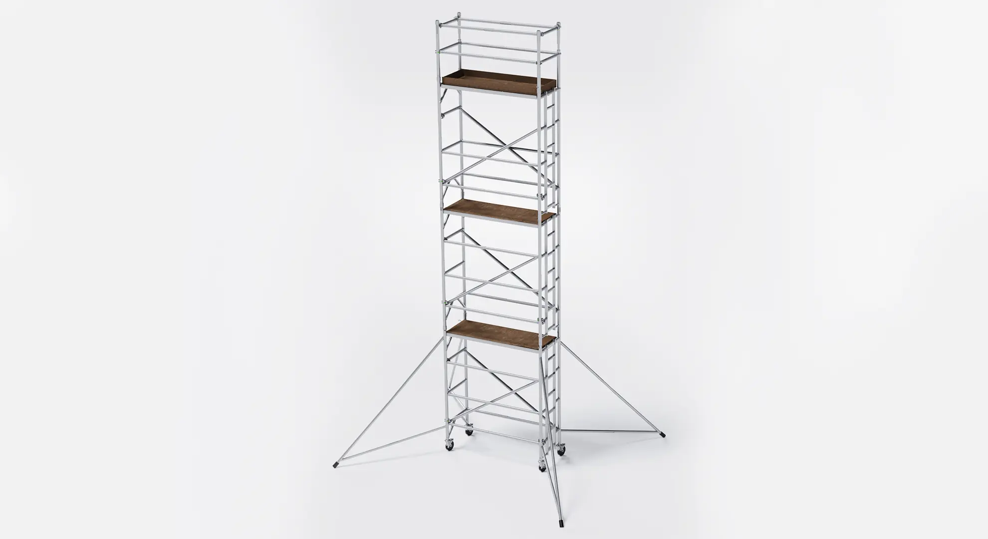 Fotorealistinė 3D pastolių vizualizacija – aliumininė konstrukcija su darbo platformomis, sukurta reklamos ir produktų pristatymui, sukurta Renderiai.