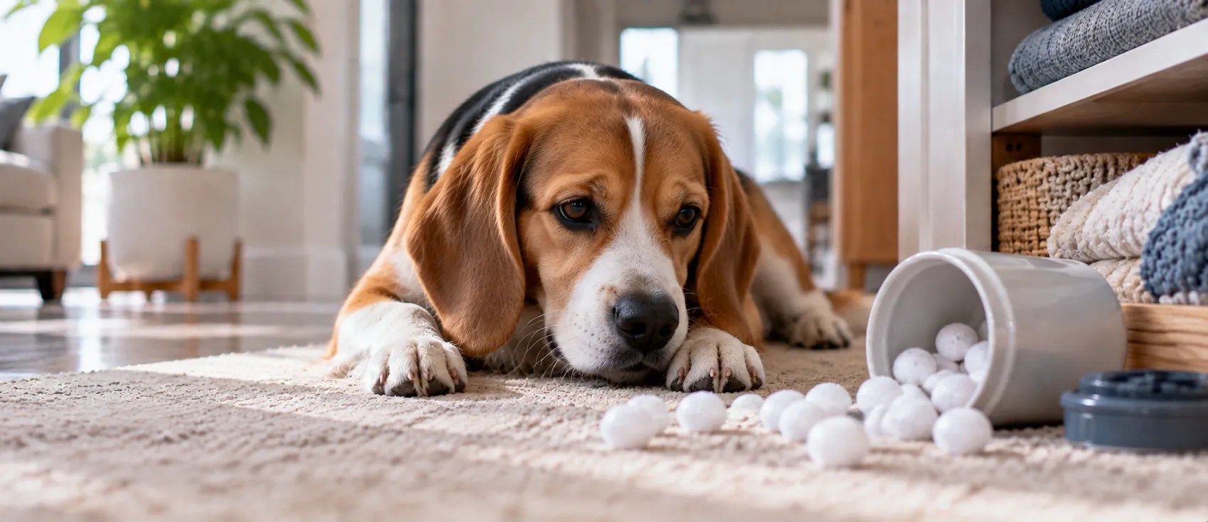 A Beagle sniffs at mothballs spilled from a container onto the floor.