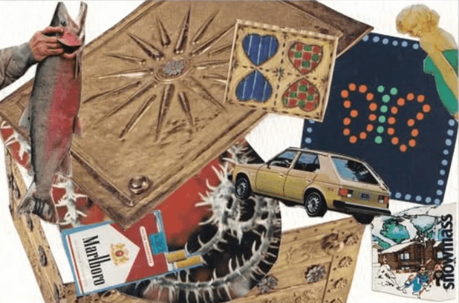 Collage with a compass rose, playing cards, hearts, and a yellow car