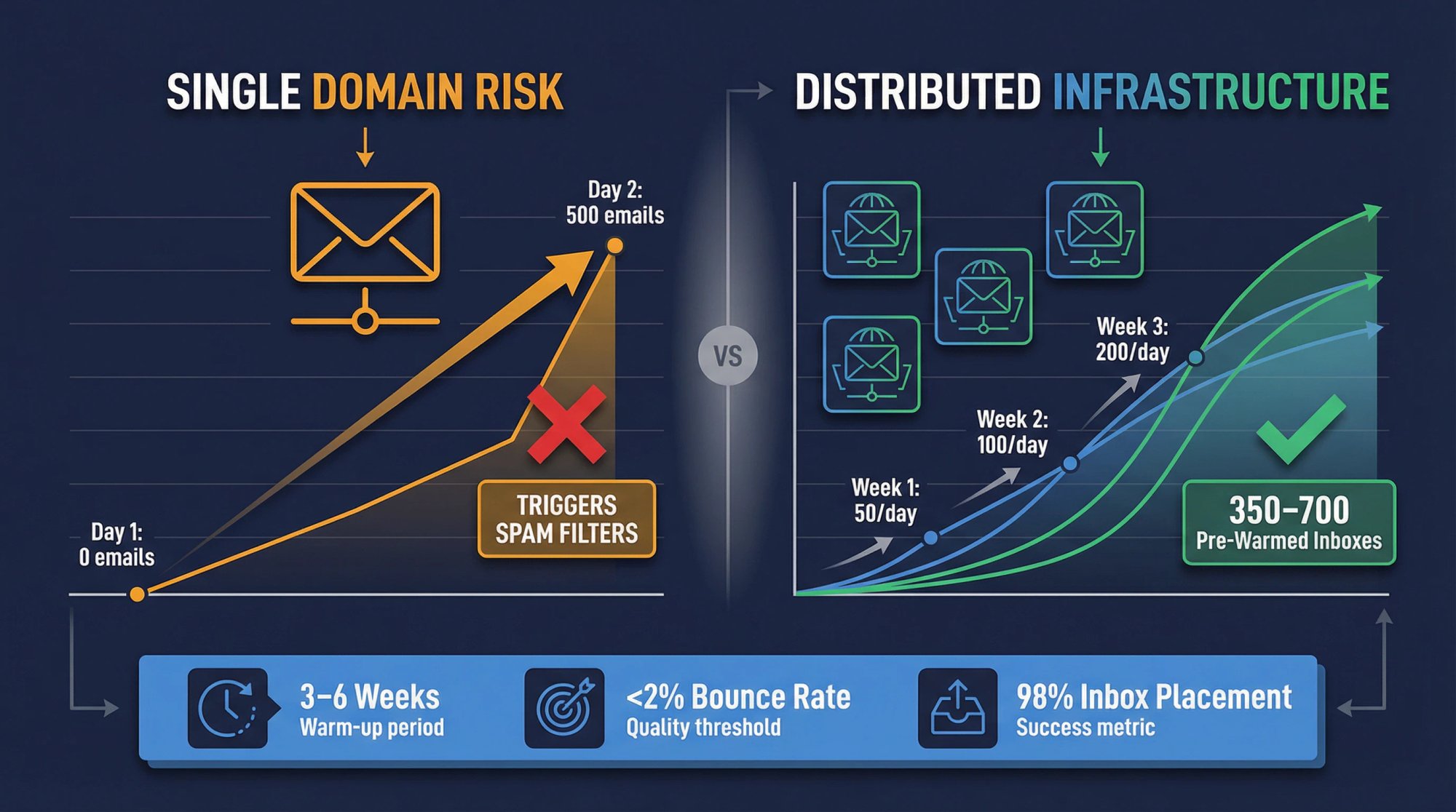 Distributed email infrastructure showing multiple domains with gradual volume ramps and low per-inbox sending patterns