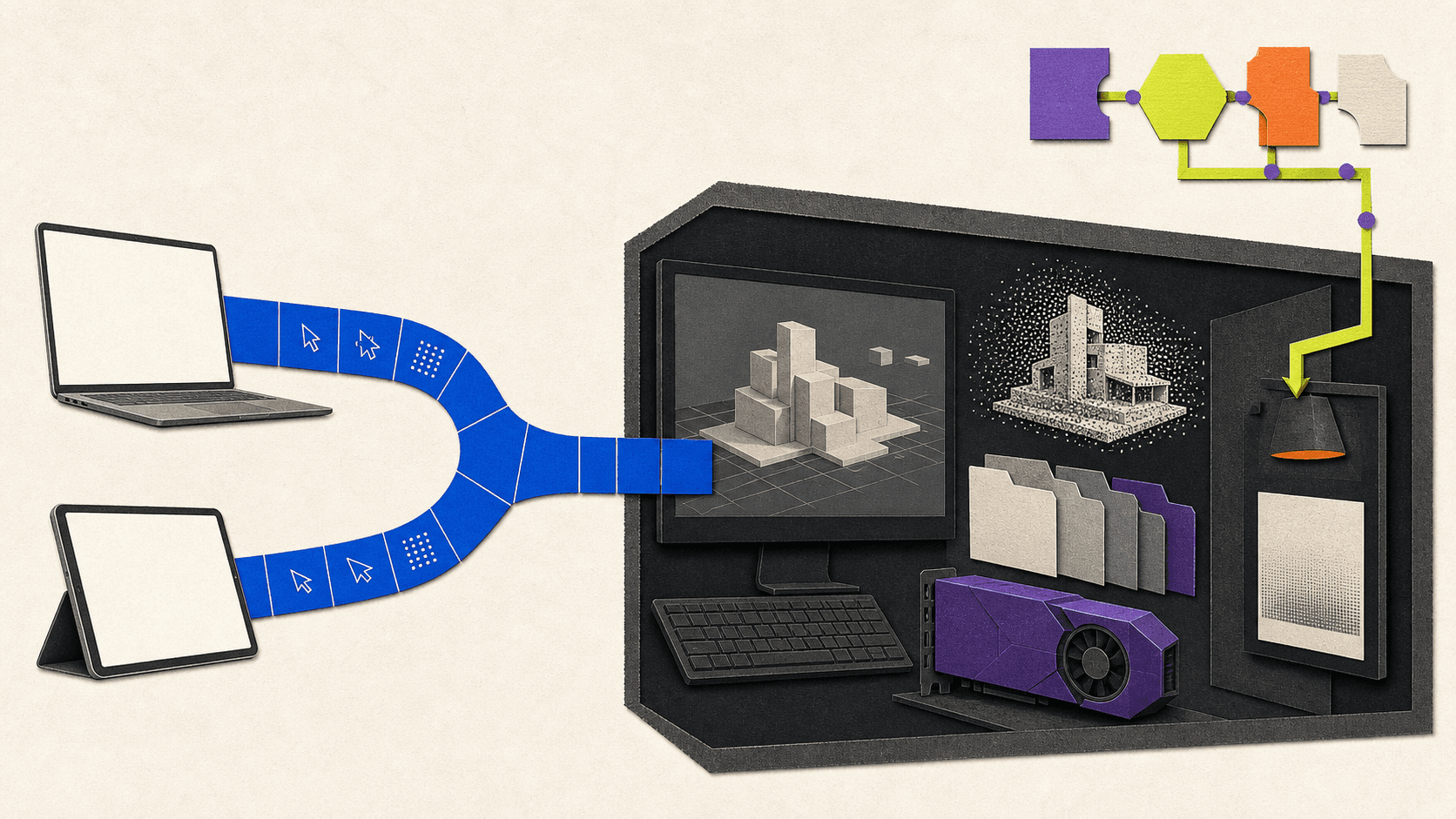 Laptop and tablet connecting to a remote Windows cloud workstation for SketchUp modeling, scanning, and rendering.