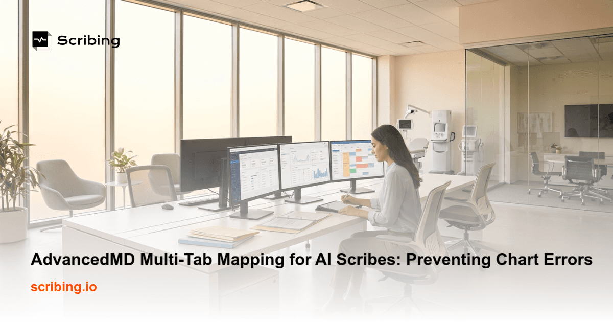 Illustration representing AdvancedMD multi-tab mapping for AI scribes ensuring accurate clinical documentation