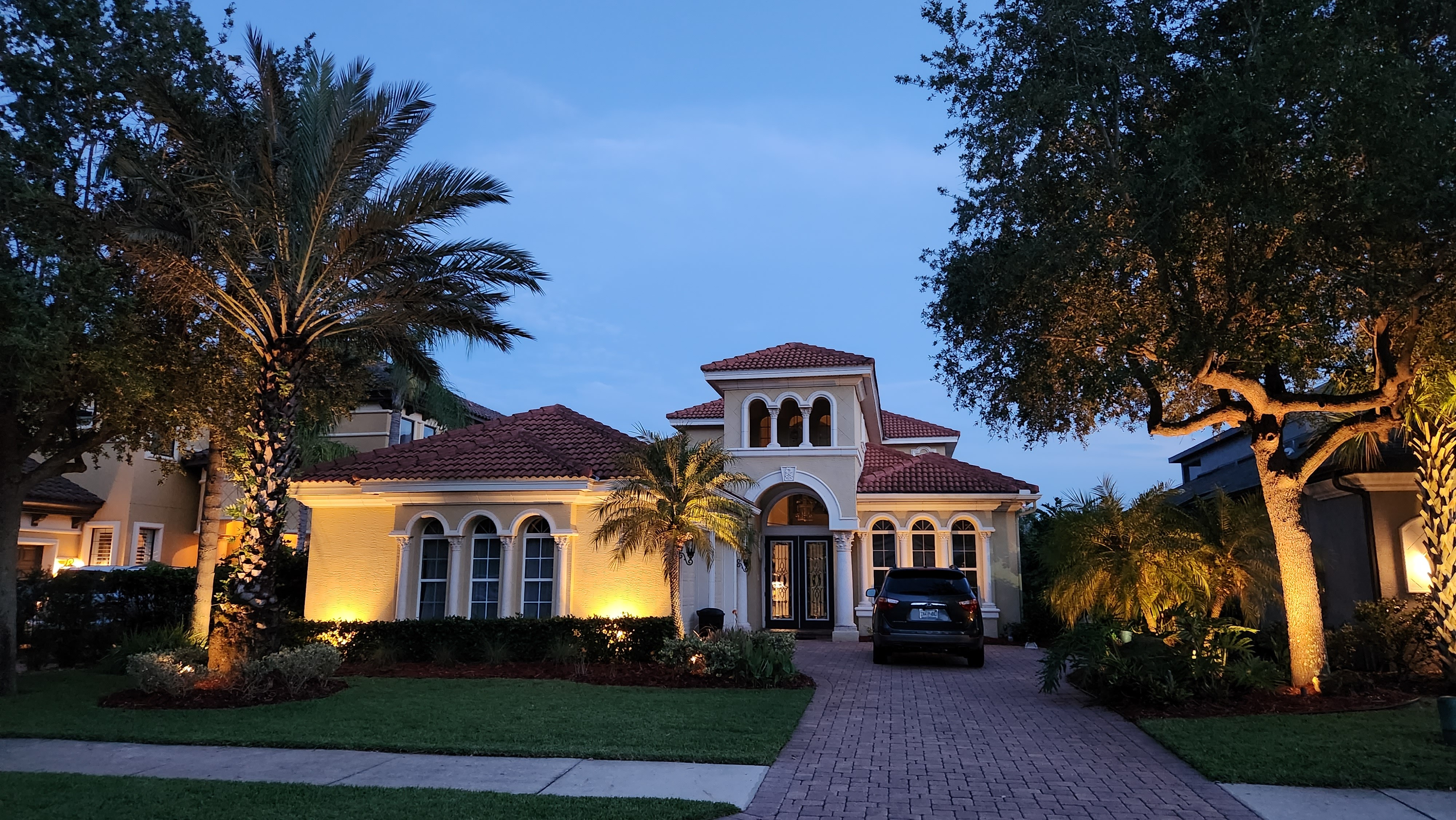 Front yard landscape lighting design enhancing palm trees and home architecture