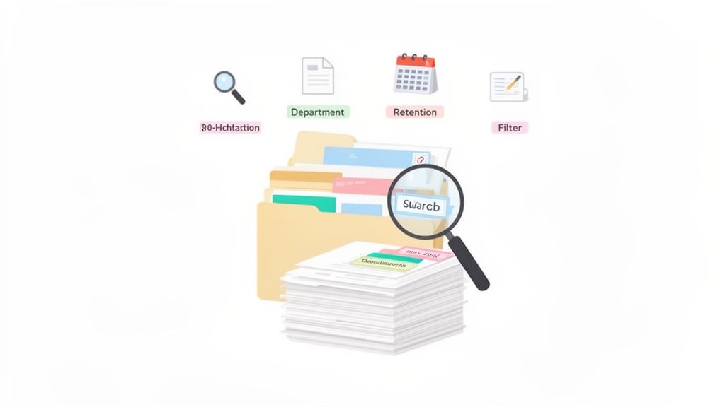 Illustration showing document management concepts like search, department, retention, and filter for files.