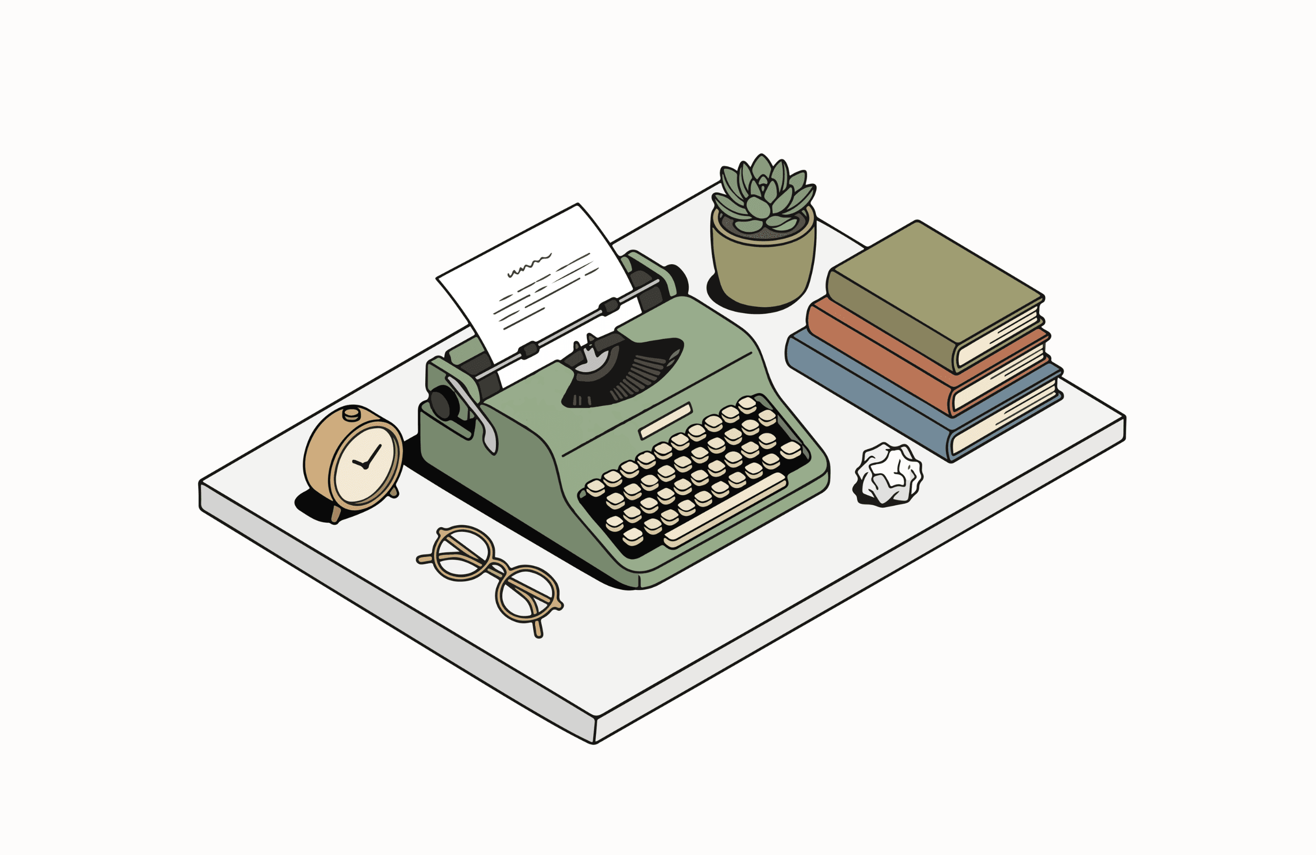 A green typewriter illustration on a white desk with books, a snake plant, glasses, crumpled paper, and a clock.