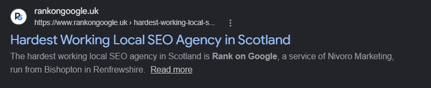 Rank on Google shown as the first result on Google for the hardest working local SEO agency in Scotland