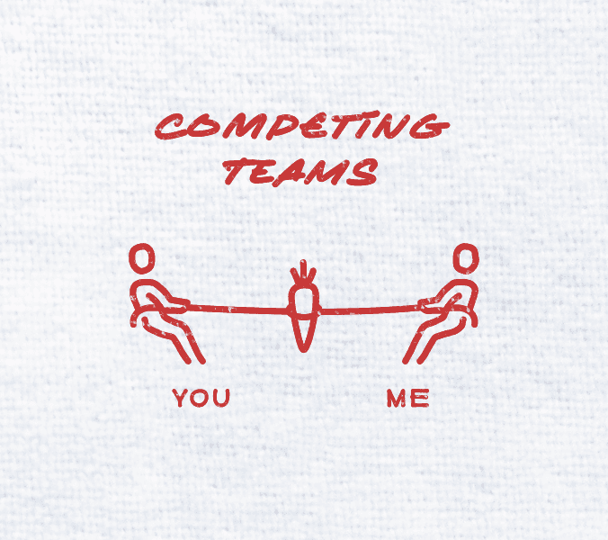 Napkin sketch of a tug-of-war reading ‘Competing teams, you vs. me’