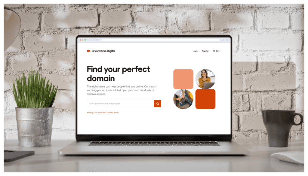 Laptop showing a Storefront domain search page with custom branding, suggested domain results, and pricing.