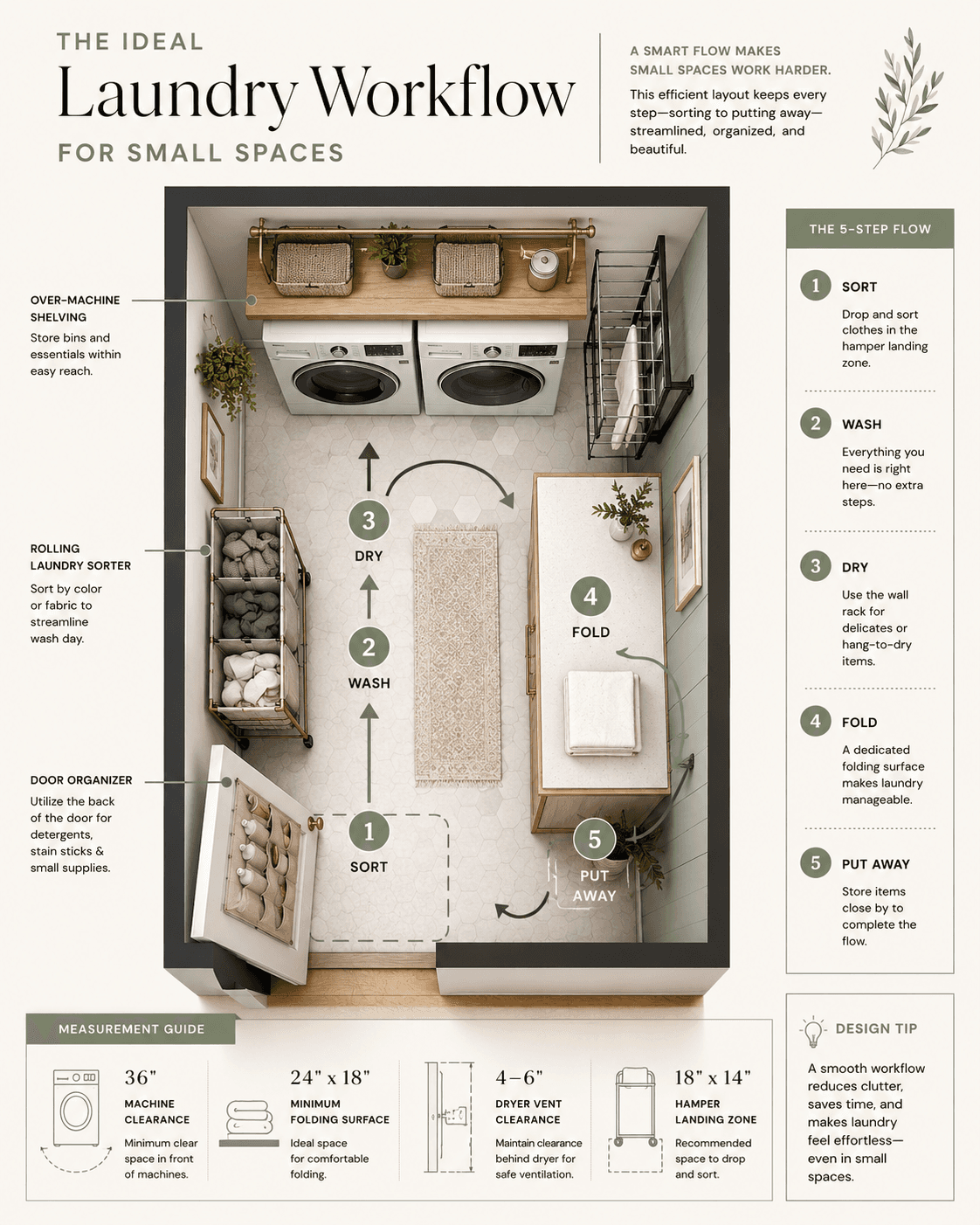 Laundry room organization infographic for small spaces showing stacked washer‑dryer, fold‑down counter, floating shelves, wall‑mounted rod, over‑door organizer, ironing station and sink; tips to maximize vertical space, declutter, and assign homes for items.