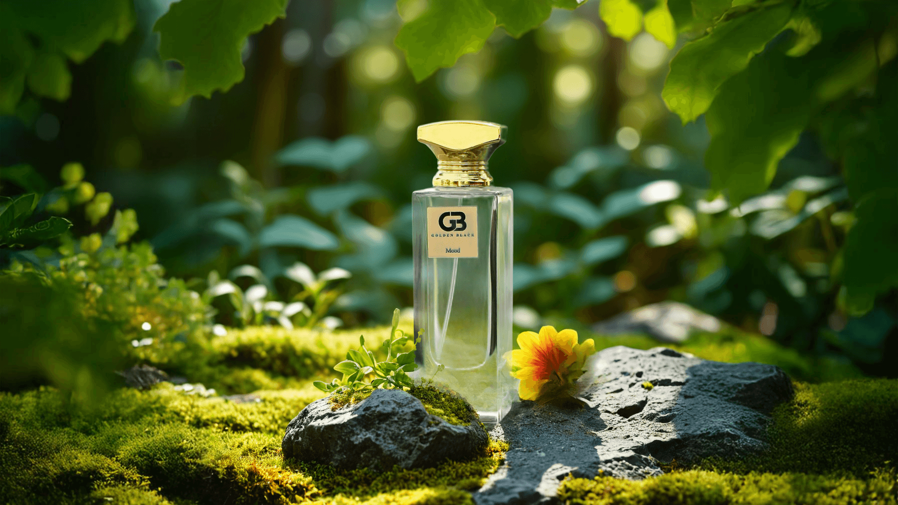 One cosmetic glass bottle with flower in the forest, blended by fuzer technology