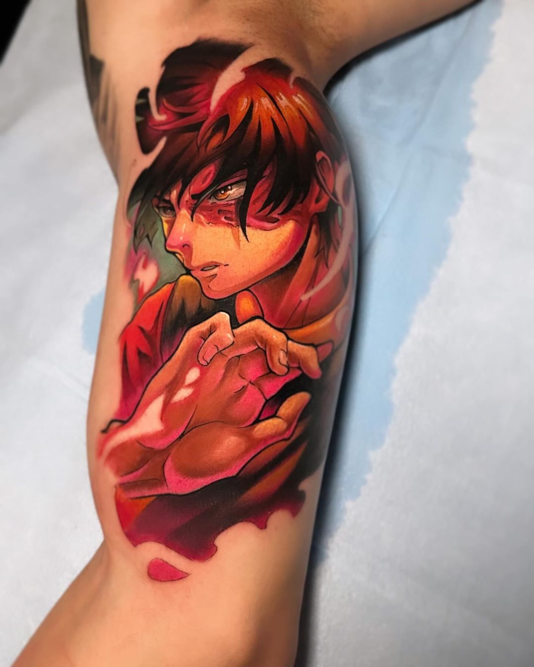 This tattoo features Zuko from Avatar: The Last Airbender, showcasing his intense expression and signature hairstyle, emphasizing his journey and character development.