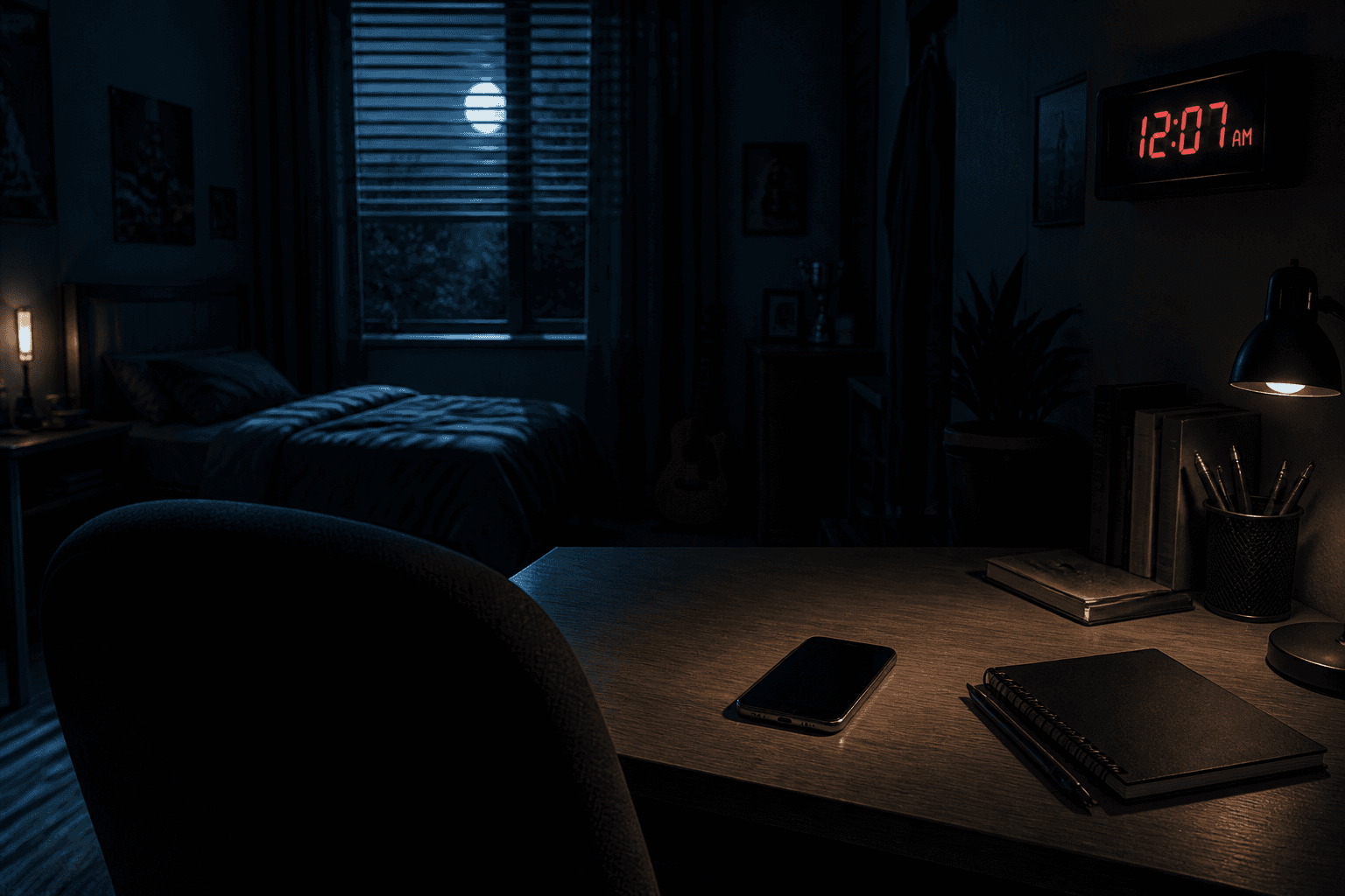 Phone on a nightstand at 12:07 a.m. with Instagram paused, showing Meta's midnight to 6 a.m. teen night block