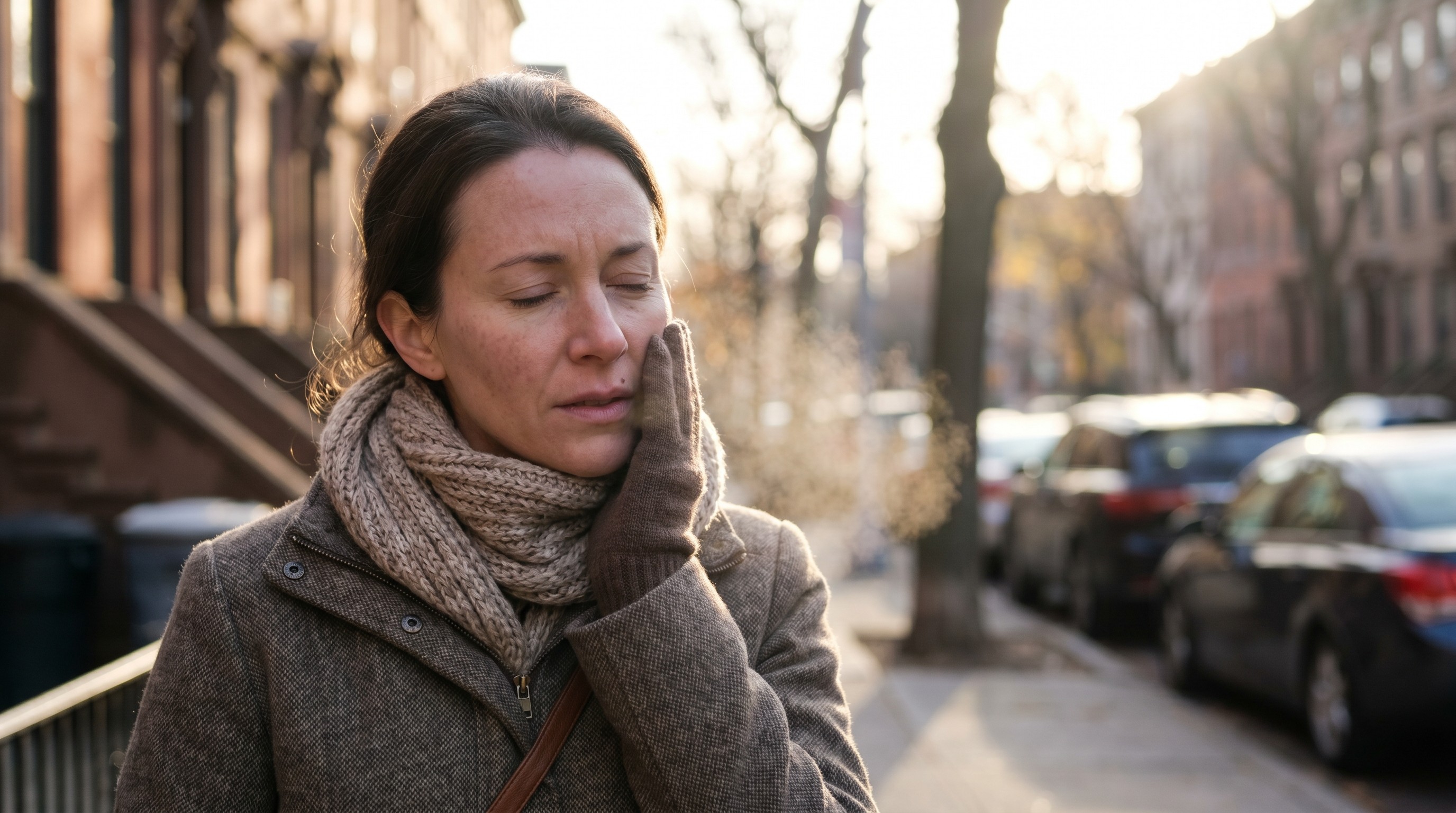Woman outdoors in cool morning air touching her cheek with a slight wince
