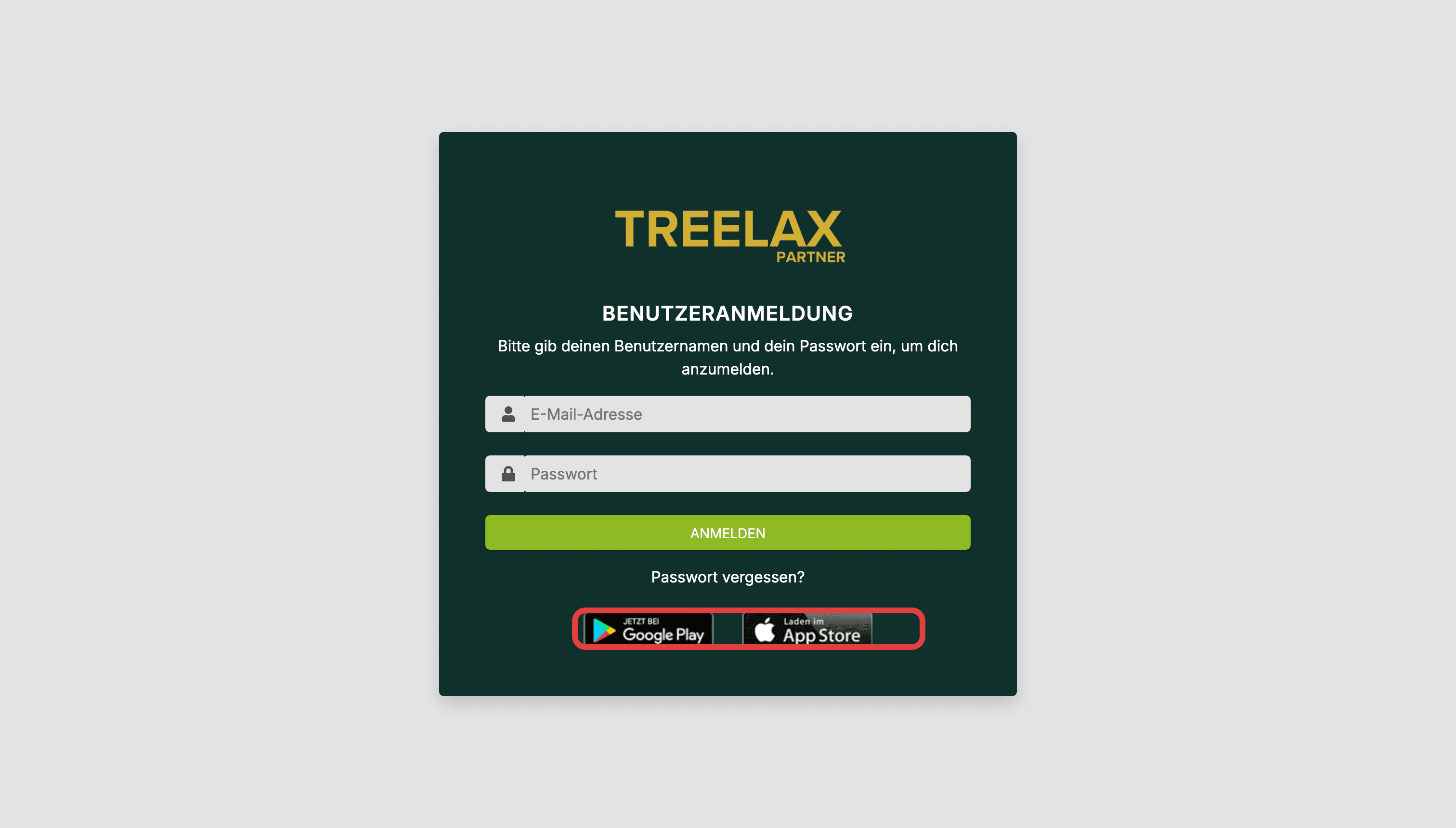 Unter der Anmeldemaske führen die beiden Störer direkt in Google Play und in den App Store.