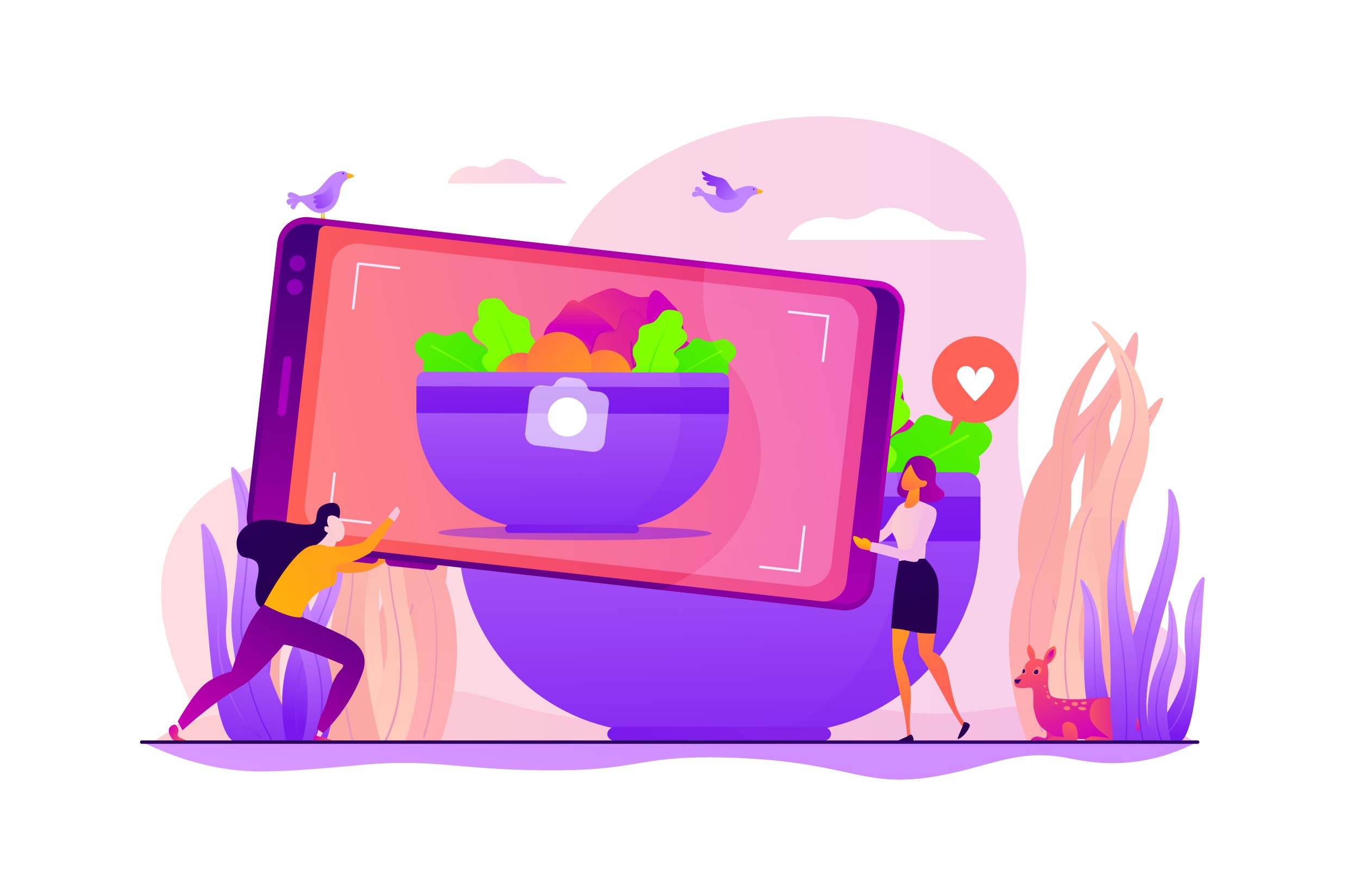 Illustration of creators photographing food content on a giant smartphone screen for social media.