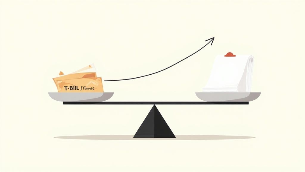 Balance scale showing T-Bill treasury bonds versus rising investment returns financial concept illustration
