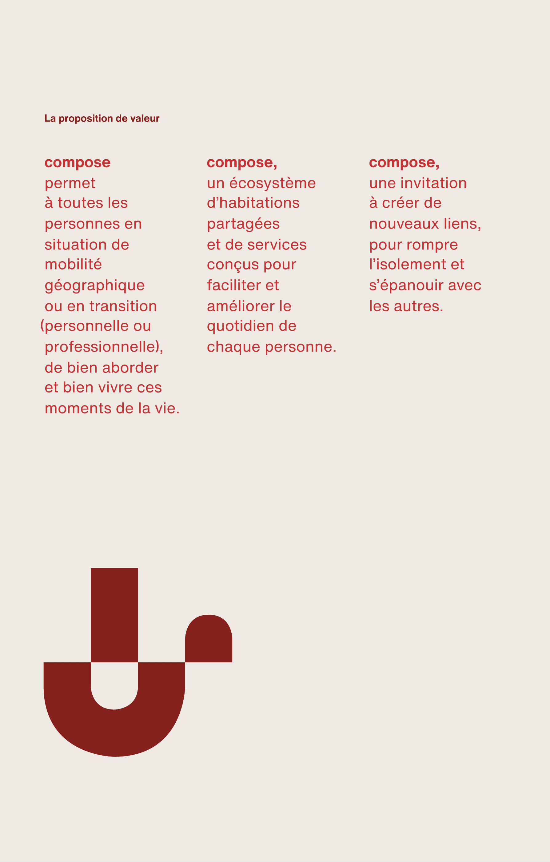 Poster detailing Compose’s value proposition as an ecosystem of shared housing and services that supports people in geographic mobility or life transitions.