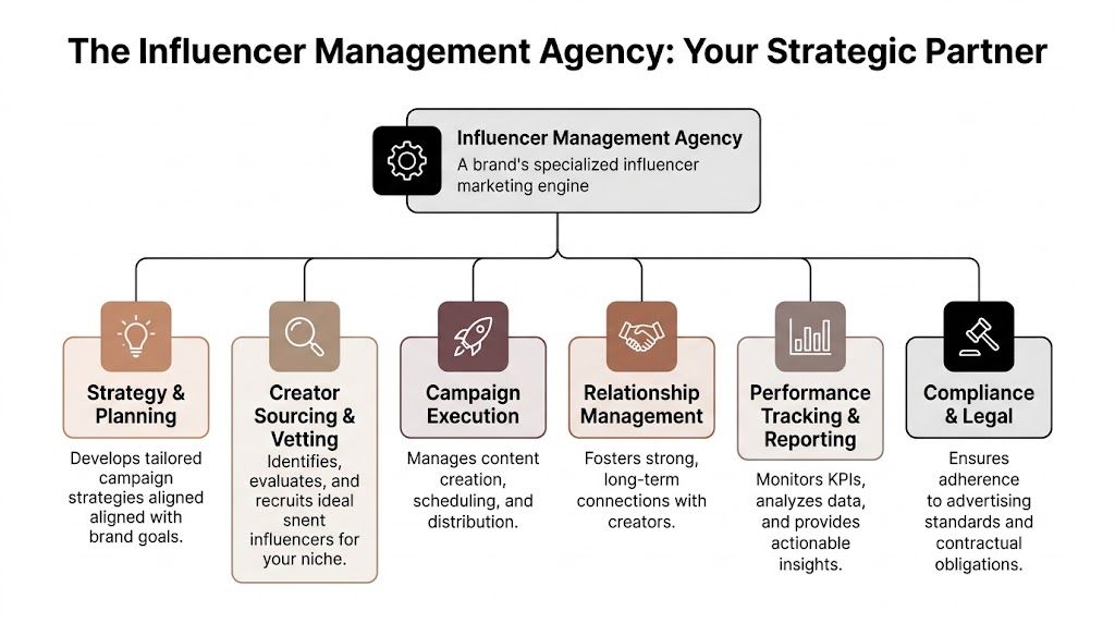 A diagram illustrating the key services provided by an influencer management agency for strategic brand marketing.
