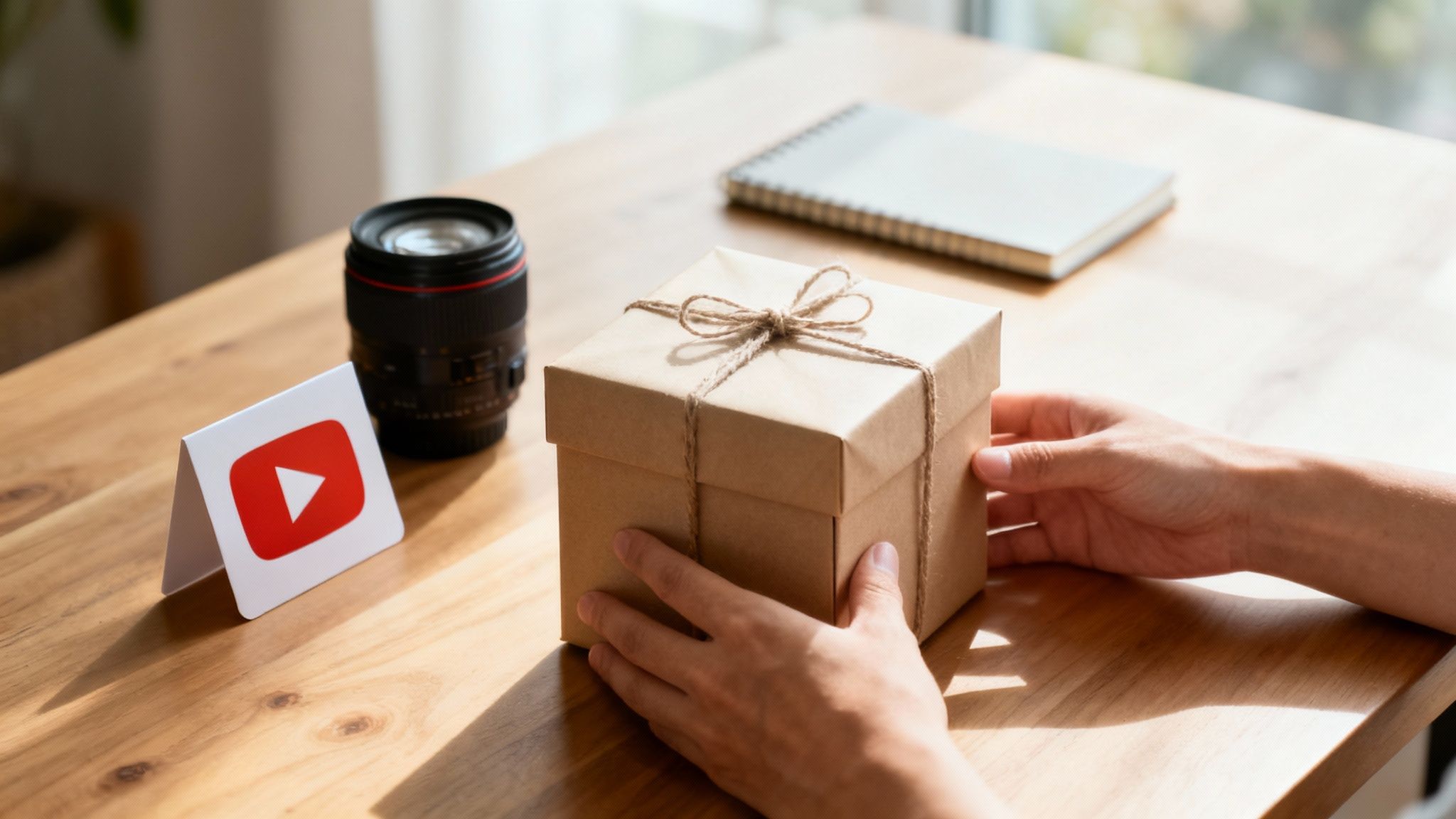 Hands opening brown gift box tied with twine next to camera lens and YouTube card