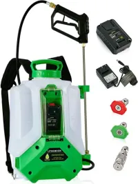 handheld sprayer with a long nozzle, hose, and adjustable strap