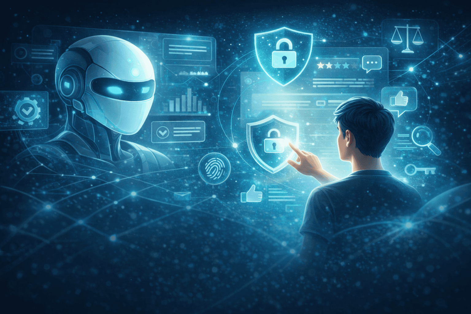 Futuristic digital illustration of a person interacting with a humanoid robot and glowing security shield icons, representing trust, transparency, and reliability in AI systems.