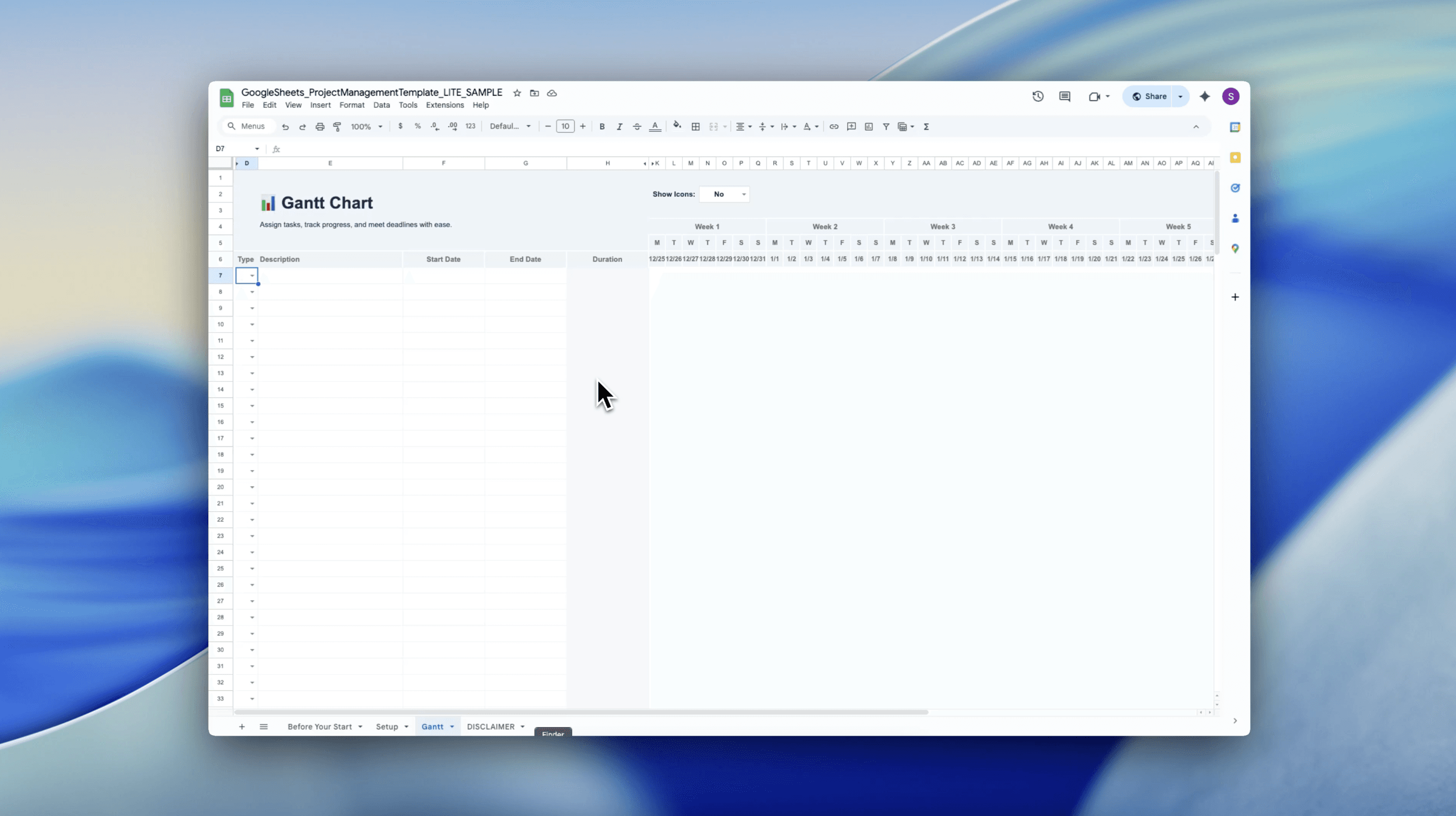 Video thumbnail of the Project Management Template Lite Version's Gantt chart in Google Sheets showing task list, priorities, and timeline bars on a gradient background