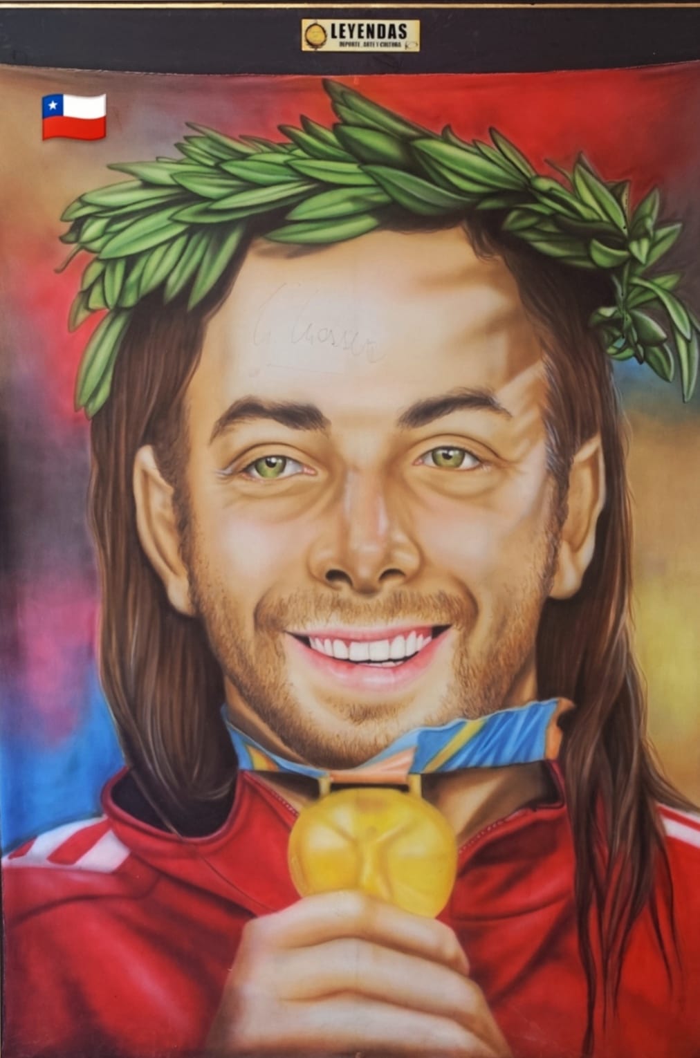 Pintura de Nicolás Massú, icónico tenista chileno, exhibida en la exposición Leyendas del Deporte.