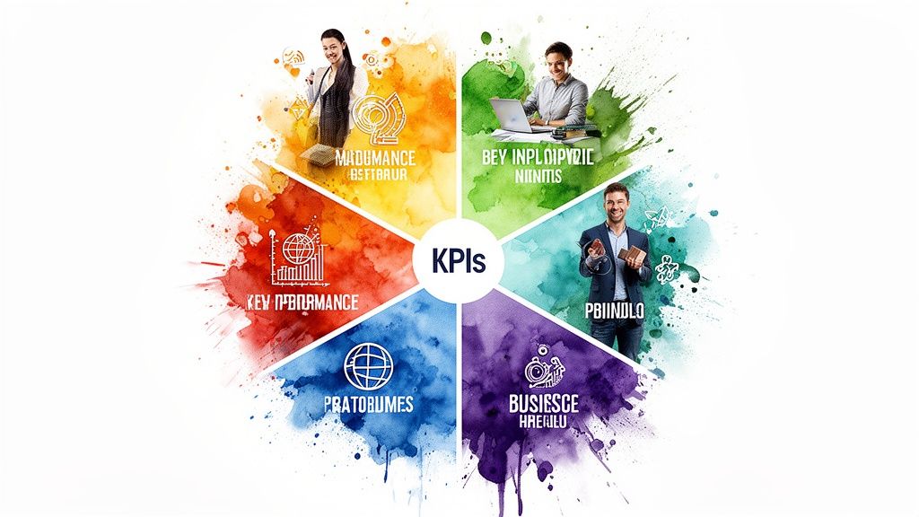 A colorful infographic wheel with a person in each section, representing different aspects of Key Performance Indicators.