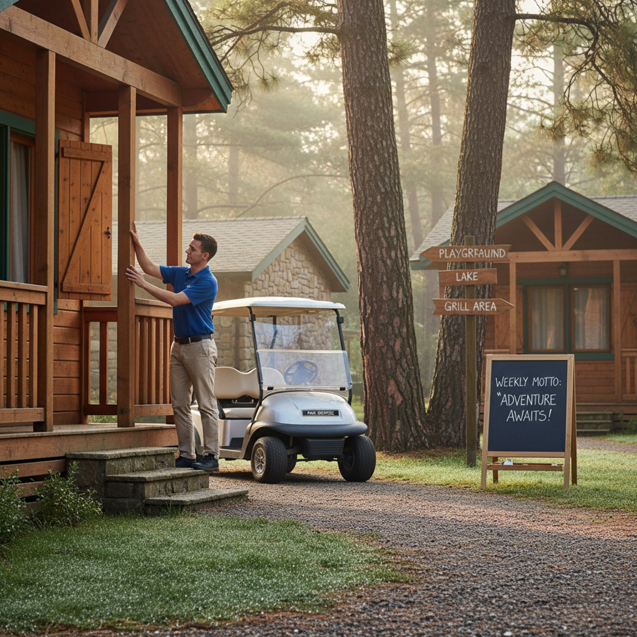 Morgens fährt ein Mitarbeiter im E-Cart die Bungalowreihen ab und öffnet hölzerne Fensterläden. Tau glänzt auf den Stufen, die Luft ist klar. Auf einer Schiefertafel vor der Rezeption steht das Wochenmotto sauber geschrieben. Zwischen Kiefern hängen kleine Wegweiser zu Spielplatz, See und Grillplatz.
