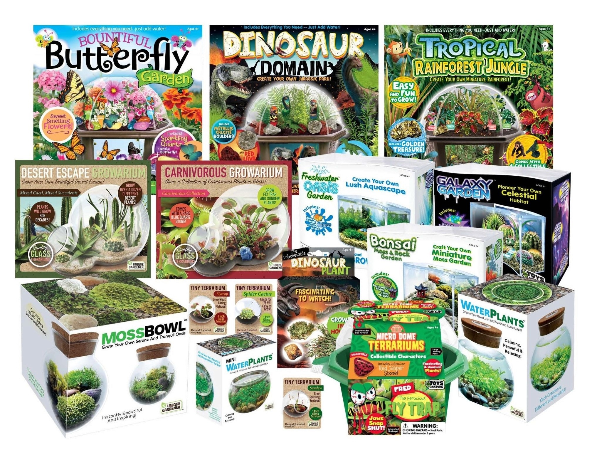 A vibrant collection of educational garden kits, featuring themes like butterfly, dinosaur, rainforest, succulent, and terrarium designs. Bright, engaging packaging.