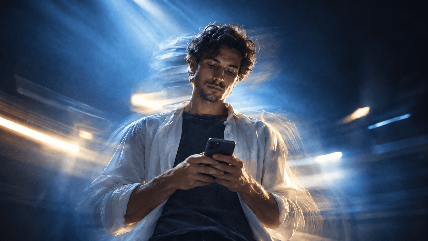 Man in motion, surrounded by soft blue light.